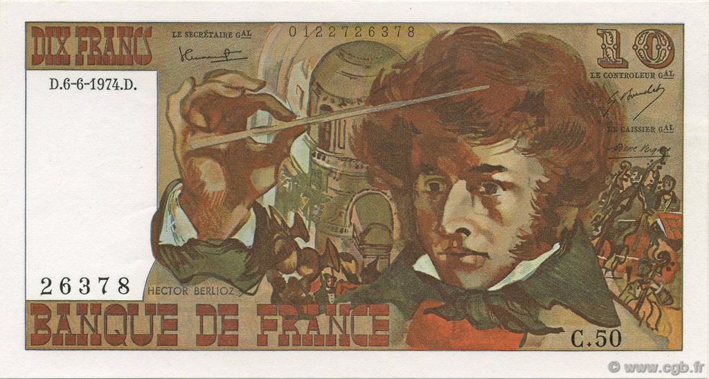 10 Francs BERLIOZ FRANCIA  1974 F.63.05 FDC
