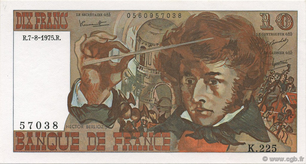 10 Francs BERLIOZ FRANCIA  1975 F.63.12 AU+
