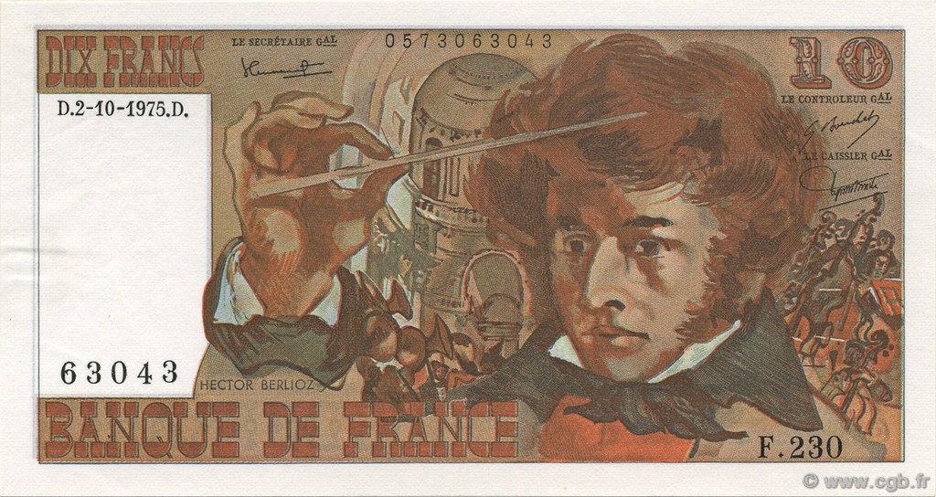 10 Francs BERLIOZ FRANCE  1975 F.63.13 UNC-