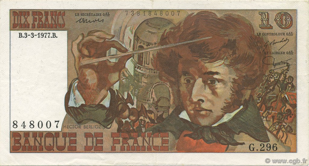 10 Francs BERLIOZ FRANCE  1977 F.63.21 XF
