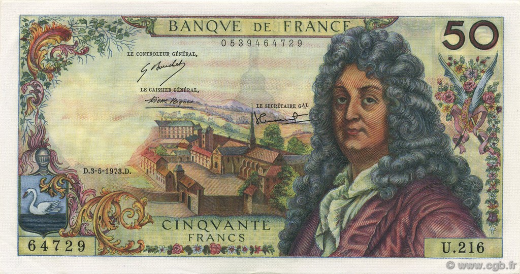 50 Francs RACINE FRANCIA  1973 F.64.23 q.FDC
