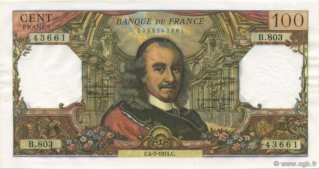 100 Francs CORNEILLE FRANCIA  1974 F.65.46 q.FDC
