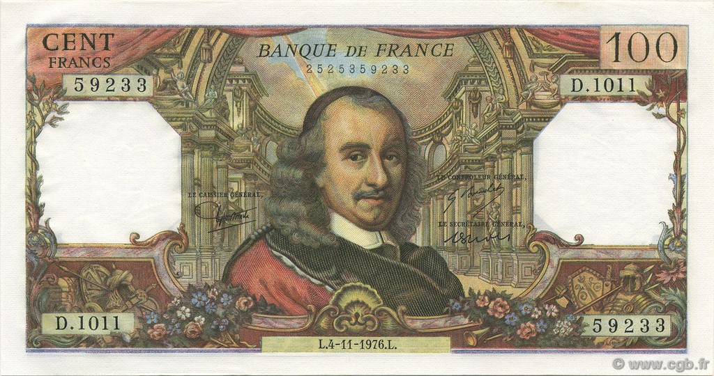 100 Francs CORNEILLE FRANCIA  1976 F.65.55 SC+