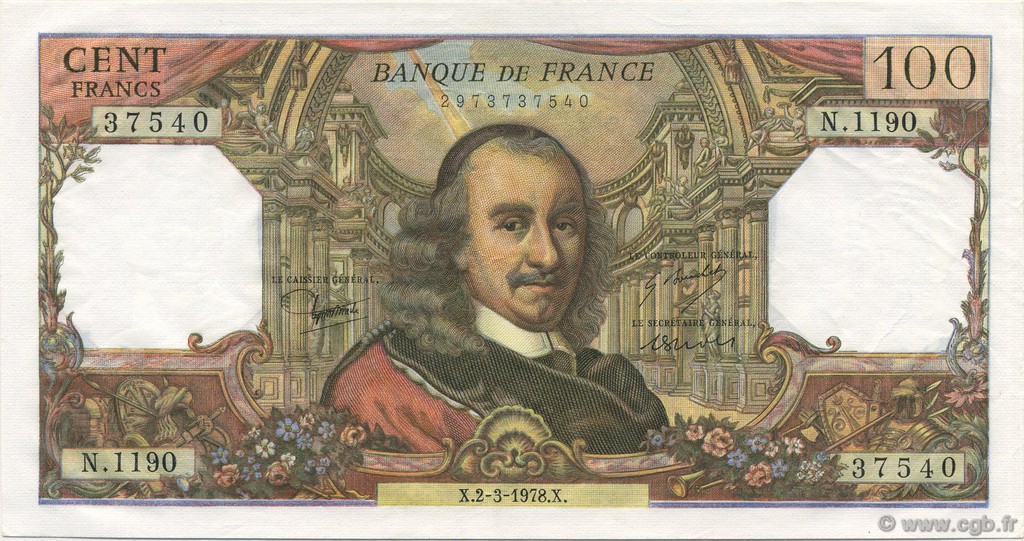 100 Francs CORNEILLE FRANCIA  1978 F.65.62 q.FDC