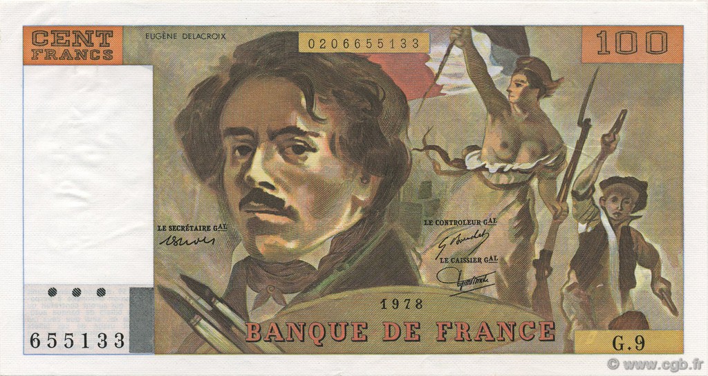 100 Francs DELACROIX modifié FRANCE  1978 F.69.01g AU