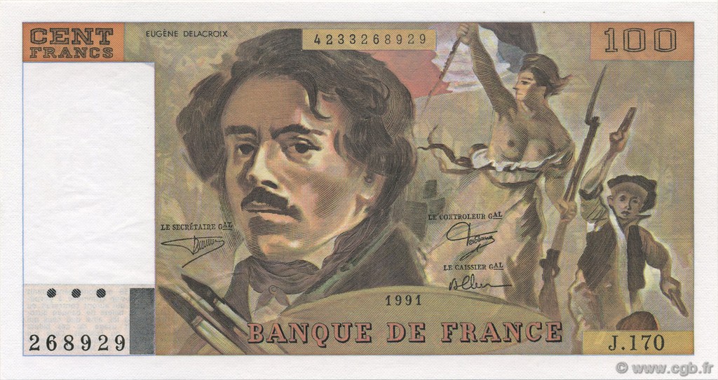 100 Francs DELACROIX imprimé en continu FRANCE  1991 F.69bis.03a1 pr.NEUF