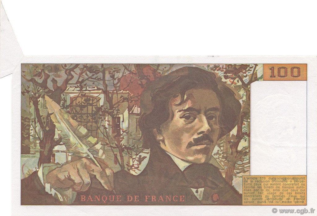 100 Francs DELACROIX imprimé en continu Fauté FRANCE  1991 F.69bis.03b2 SPL