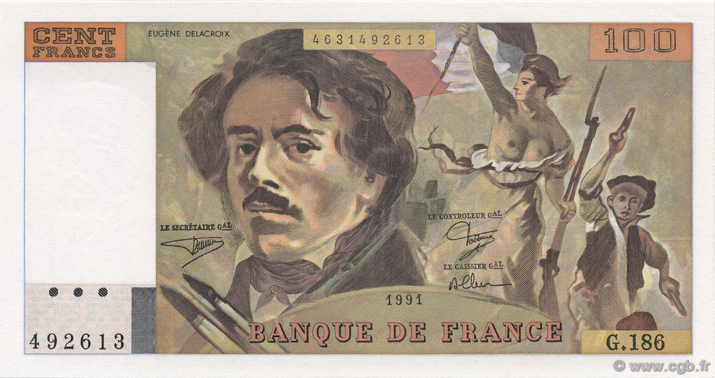 100 Francs DELACROIX imprimé en continu FRANCE  1991 F.69bis.03b2 NEUF