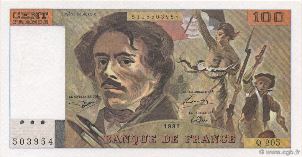 100 Francs DELACROIX imprimé en continu FRANCE  1991 F.69bis.04c UNC