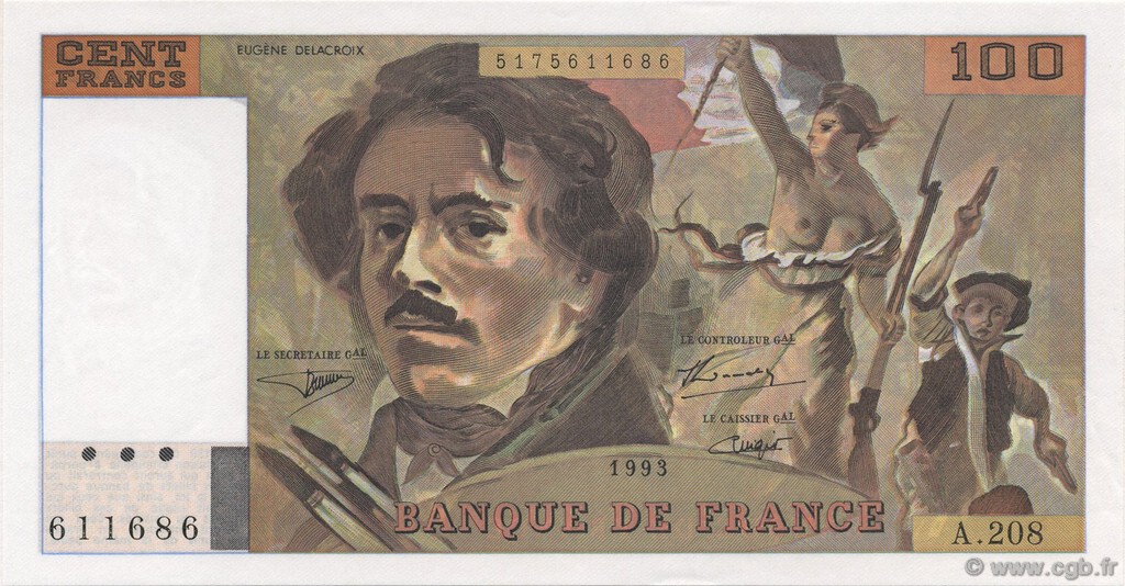 100 Francs DELACROIX imprimé en continu FRANCE  1993 F.69bis.05 UNC-