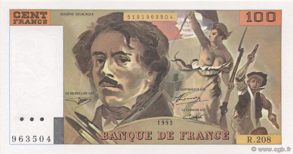 100 Francs DELACROIX  UNIFACE FRANCE  1995 F.69bisU.05 UNC