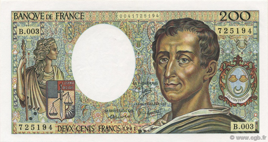 200 Francs MONTESQUIEU FRANCE  1981 F.70.01 pr.NEUF