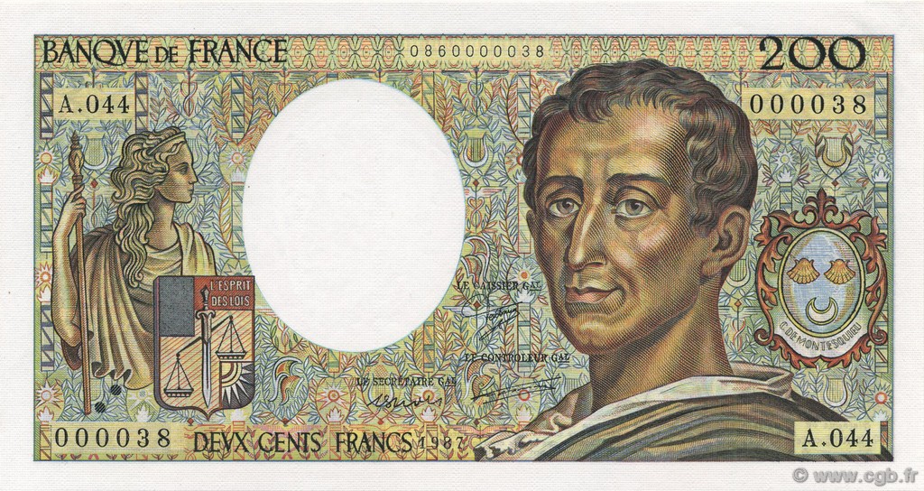 200 Francs MONTESQUIEU Petit numéro FRANCE  1987 F.70.07 UNC