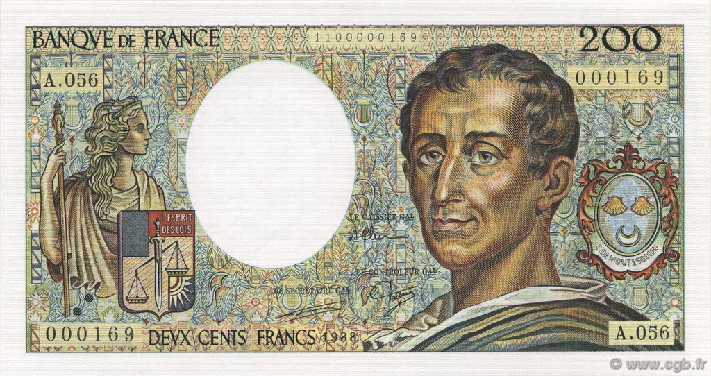 200 Francs MONTESQUIEU Petit numéro FRANCE  1988 F.70.08 UNC