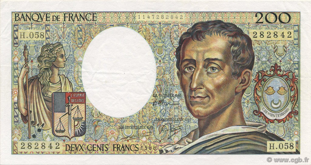 200 Francs MONTESQUIEU FRANCE  1988 F.70.08 XF