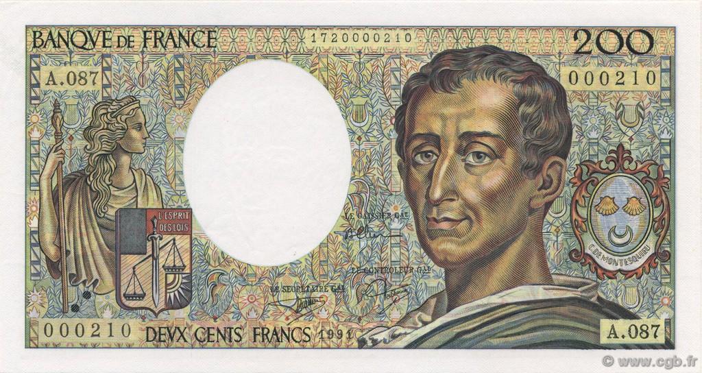 200 Francs MONTESQUIEU Petit numéro FRANCE  1991 F.70.11 NEUF