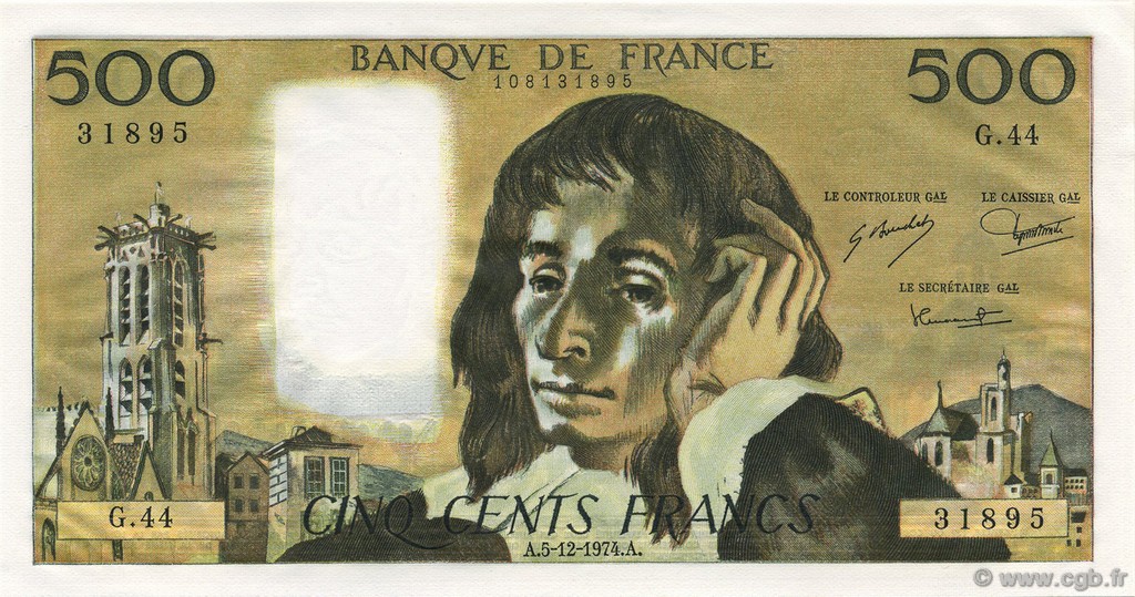 500 Francs PASCAL FRANKREICH  1974 F.71.12 fST+