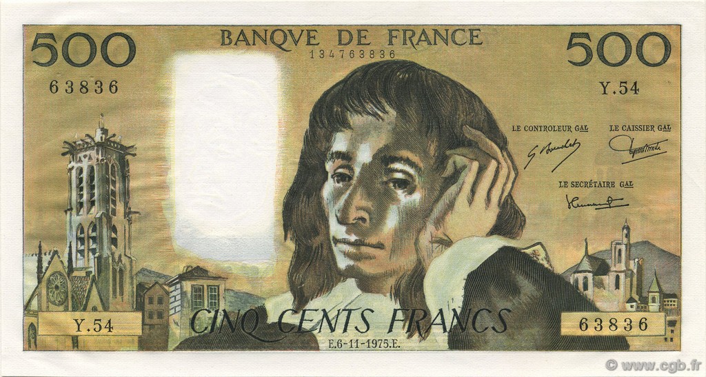 500 Francs PASCAL FRANCE  1975 F.71.13 XF+