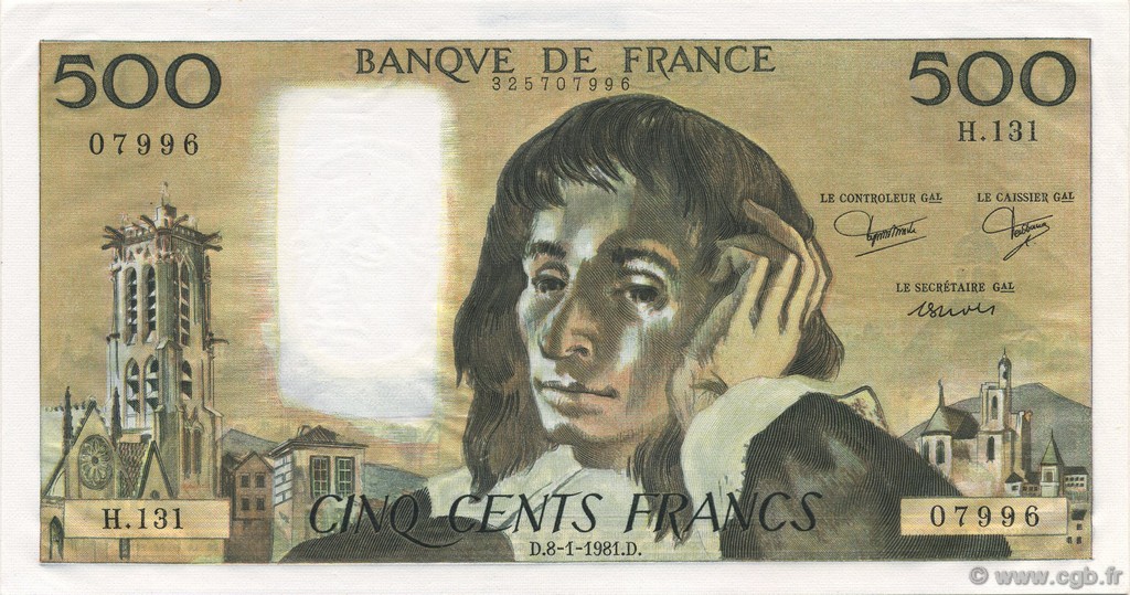 500 Francs PASCAL FRANKREICH  1981 F.71.23 ST