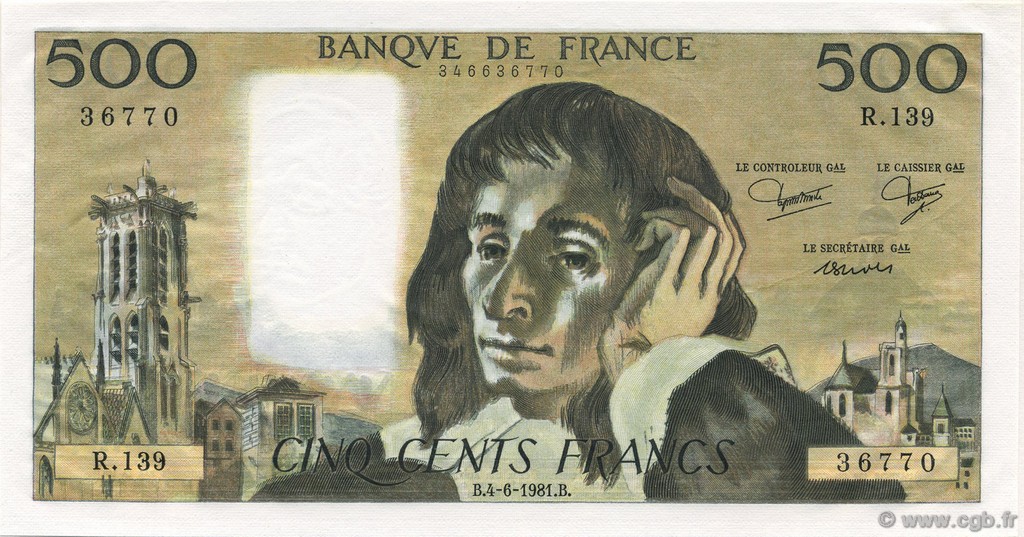 500 Francs PASCAL FRANCE  1981 F.71.24 UNC-