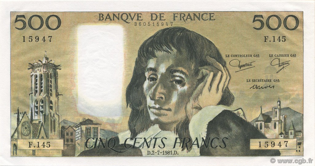500 Francs PASCAL FRANKREICH  1981 F.71.25 ST