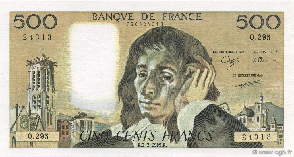 500 Francs PASCAL FRANCIA  1989 F.71.40 AU+