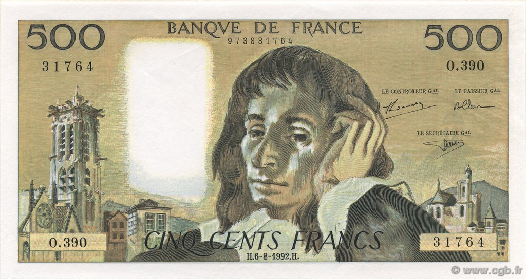 500 Francs PASCAL FRANKREICH  1992 F.71.50 fST+