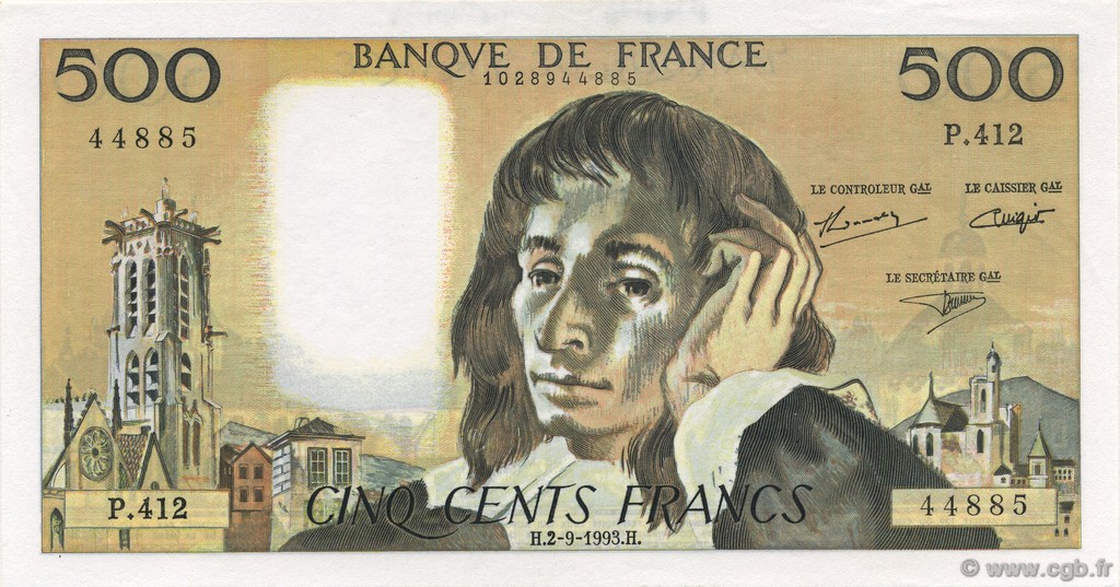 500 Francs PASCAL FRANKREICH  1993 F.71.52-412 fST+