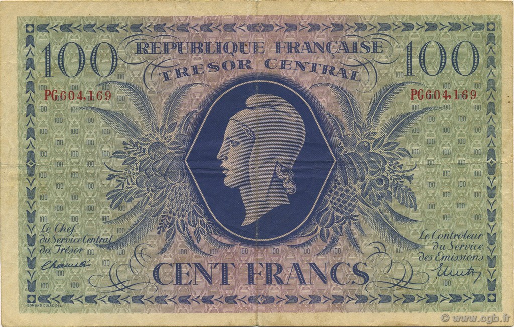 100 Francs MARIANNE FRANKREICH  1943 VF.06.01a fVZ