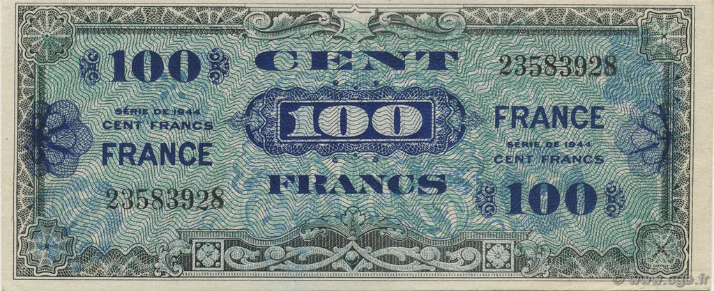100 Francs FRANCE FRANKREICH  1945 VF.25.01 fST+
