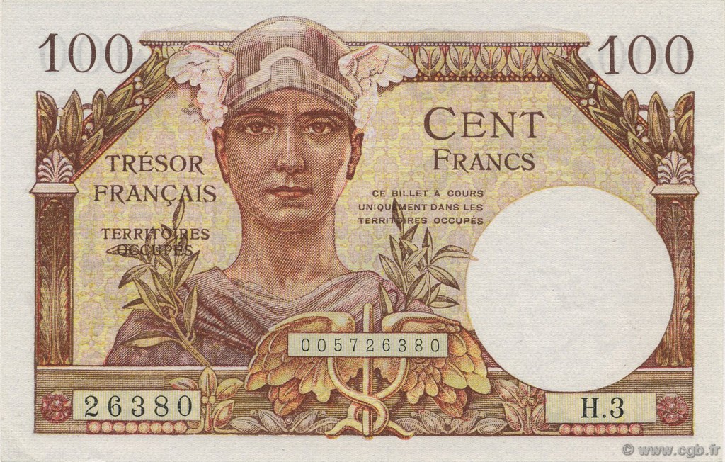 100 Francs TRÉSOR FRANÇAIS FRANKREICH  1947 VF.32.03 fST+