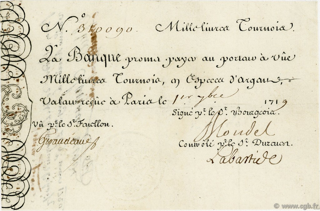1000 Livres Tournois Gravé FRANCE  1719 Laf.81 VF
