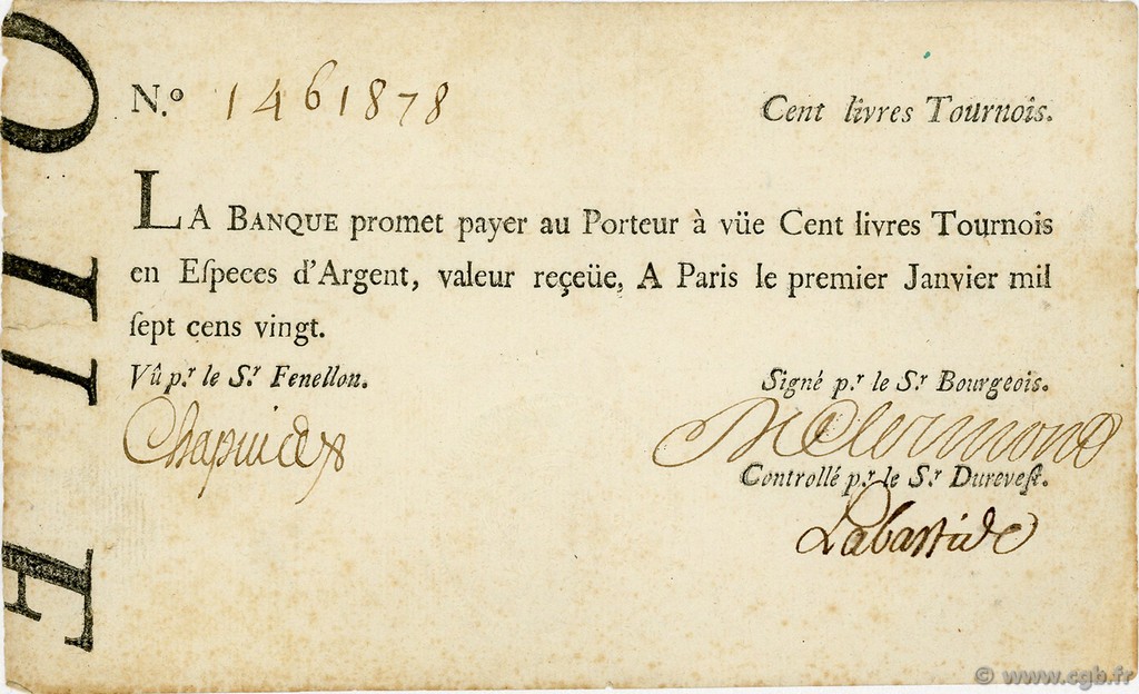 100 Livres Tournois Typographié FRANCE  1720 Laf.090 VF+