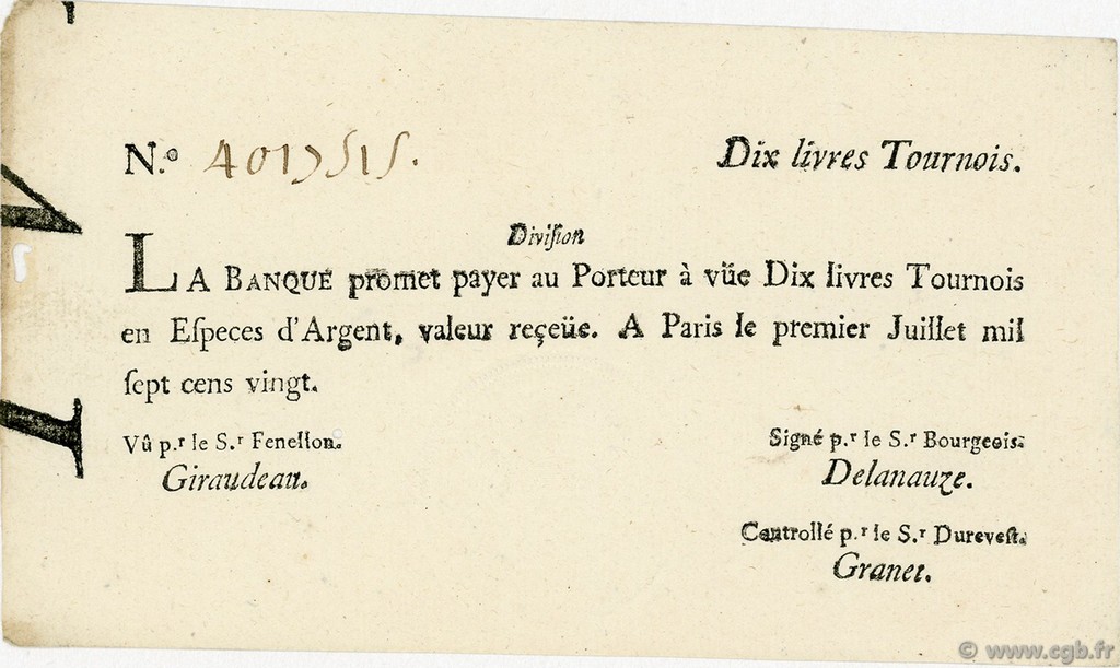 10 Livres Tournois typographié FRANCE  1720 Laf.093 XF+