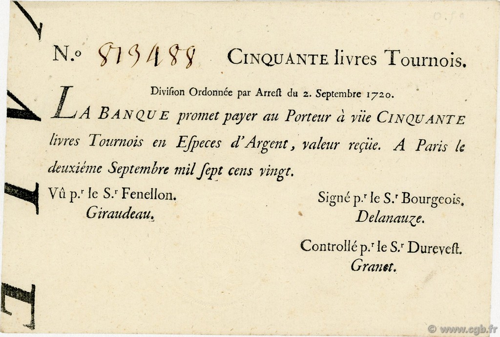 50 Livres Tournois Typographié FRANKREICH  1720 Laf.96 VZ+