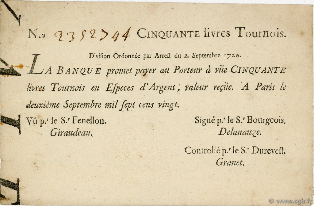 50 Livres Tournois Typographié FRANCE  1720 Laf.96 XF-