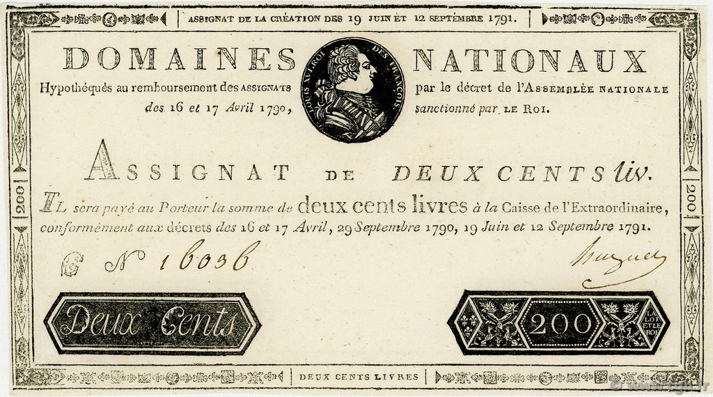 200 Livres FRANCE  1791 Ass.17x pr.NEUF