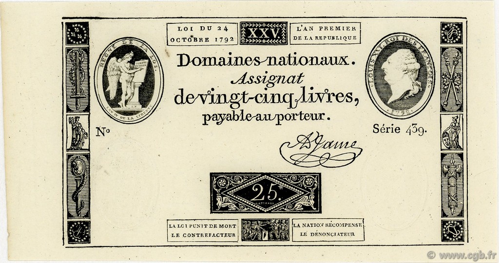 25 Livres FRANCE  1792 Ass.37a UNC-