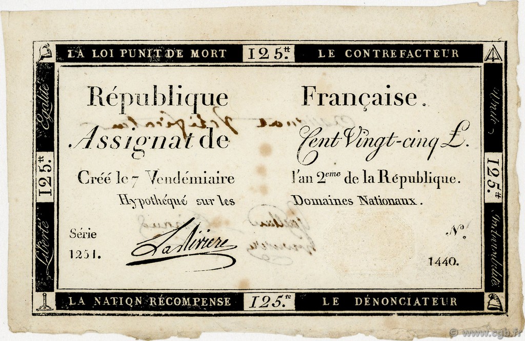 125 Livres FRANCE  1793 Ass.44b VF+