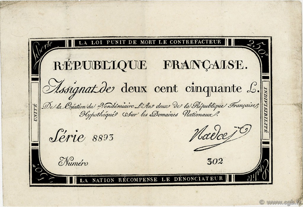 250 Livres FRANCE  1793 Ass.45a VF+