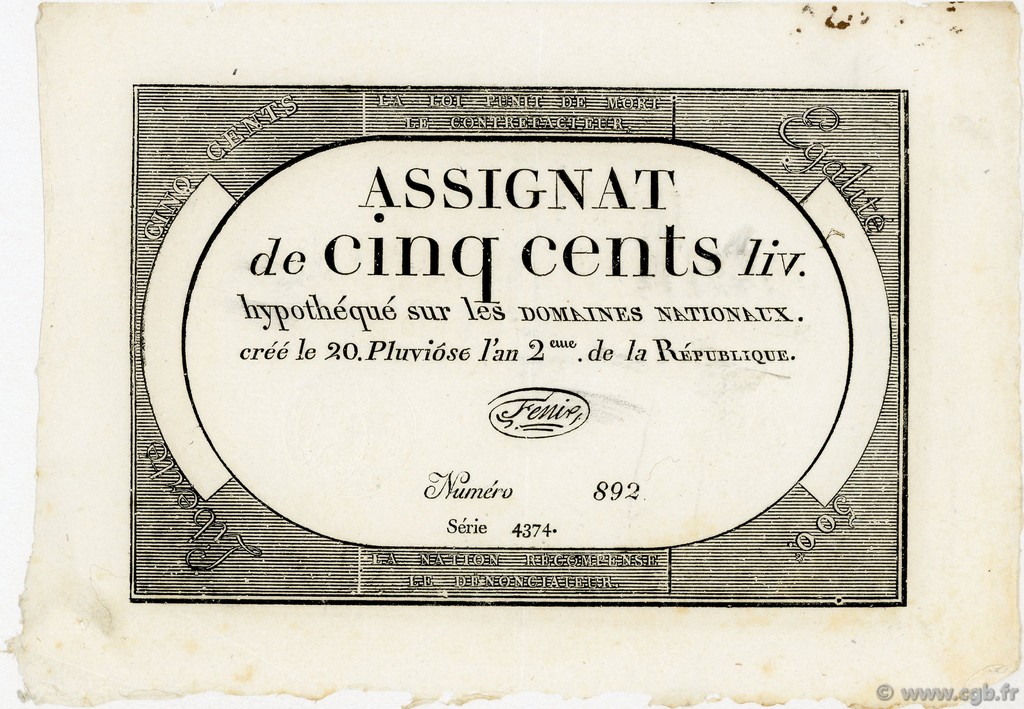 500 Livres FRANCE  1794 Ass.47a XF+