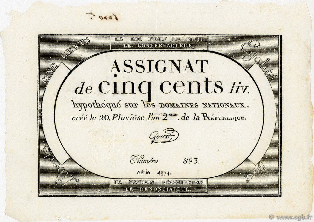 500 Livres FRANKREICH  1794 Ass.47a VZ
