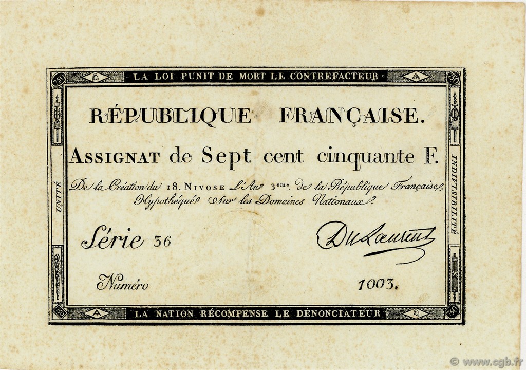 750 Francs FRANCE  1795 Ass.49a XF