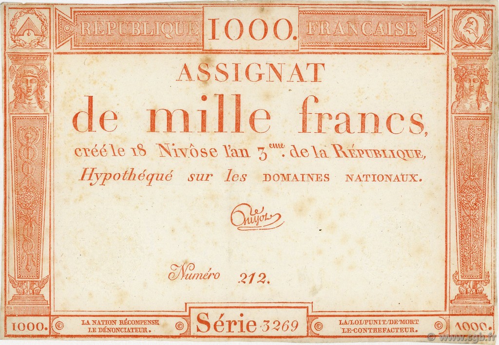 1000 Francs FRANCE  1795 Ass.50a VF+
