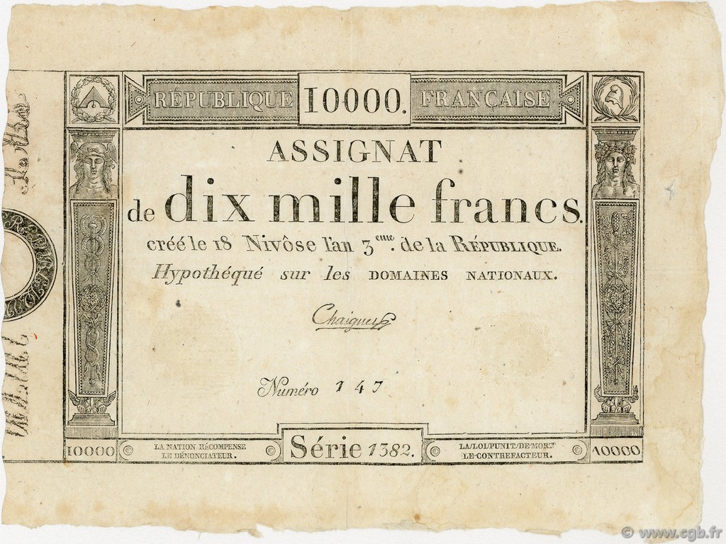 10000 Francs FRANCE  1795 Ass.52a VF+