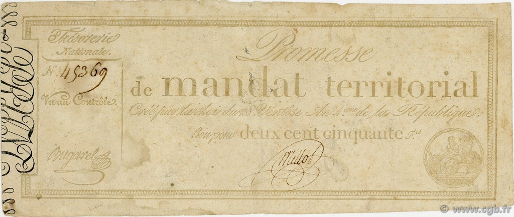 250 Francs sans série FRANCE  1796 Ass.61a TTB