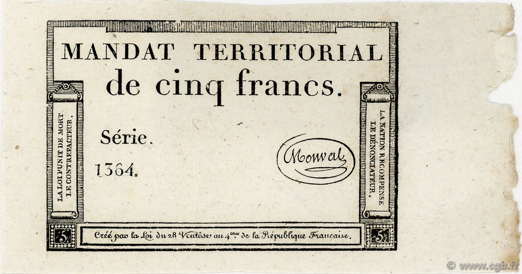 5 Francs Monval sans cachet FRANCE  1796 Ass.63a UNC-
