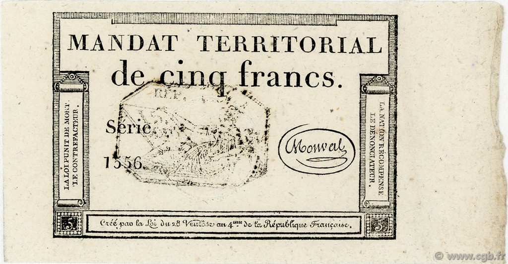 5 Francs Monval FRANCE  1796 Ass.63b UNC-