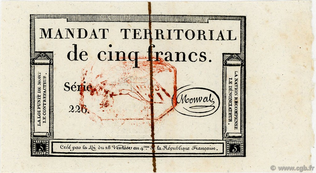 5 Francs Monval FRANCE  1796 Ass.63c pr.NEUF
