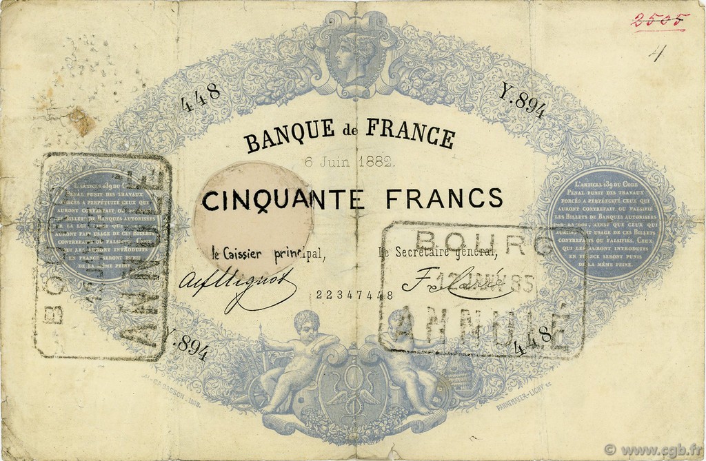 50 Francs type 1868 indices noirs FRANCE  1882 F.A38.12 G